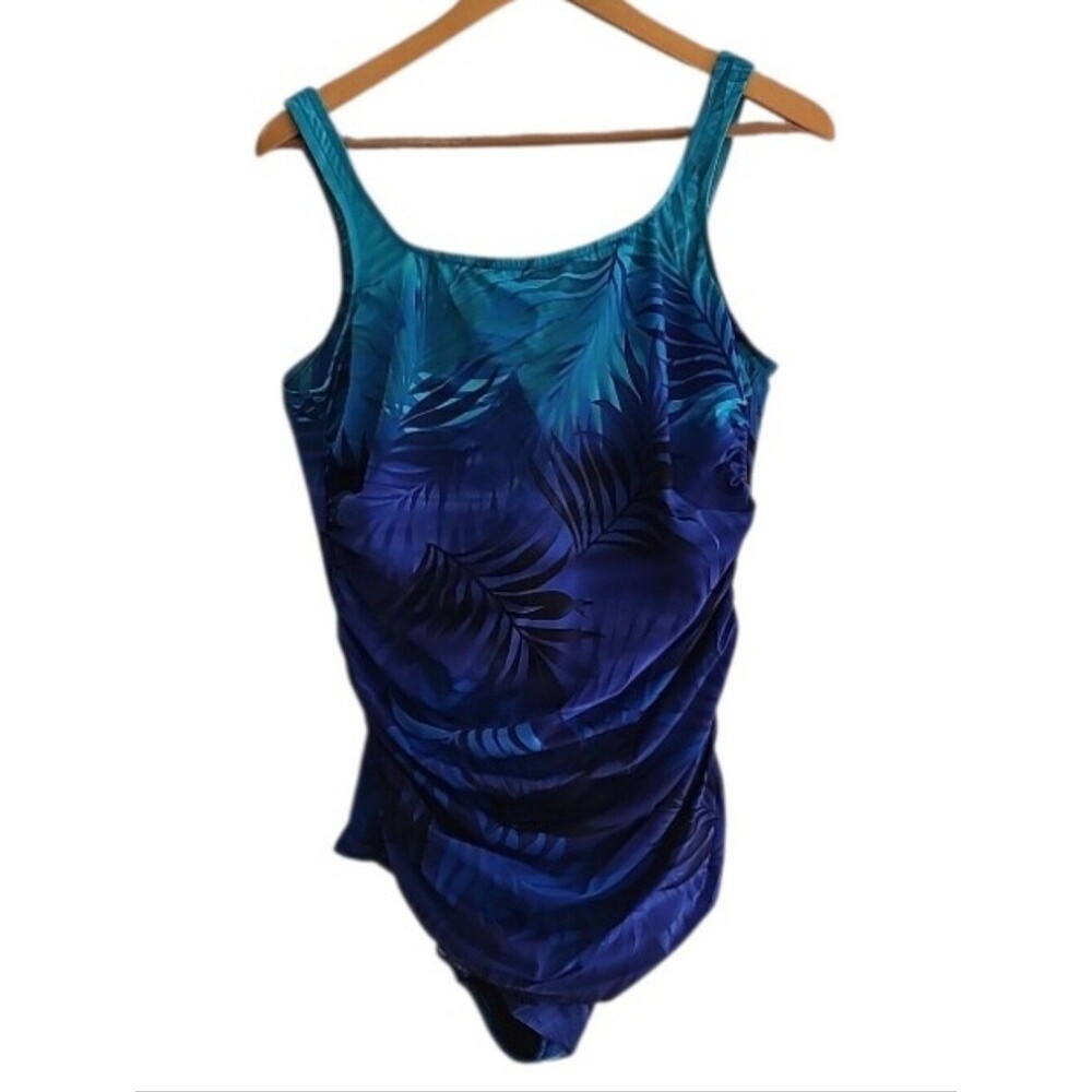 LL Bean One Piece Swimsuit Women's 22W Blue Tropical Ruched Underwire Plus Size
